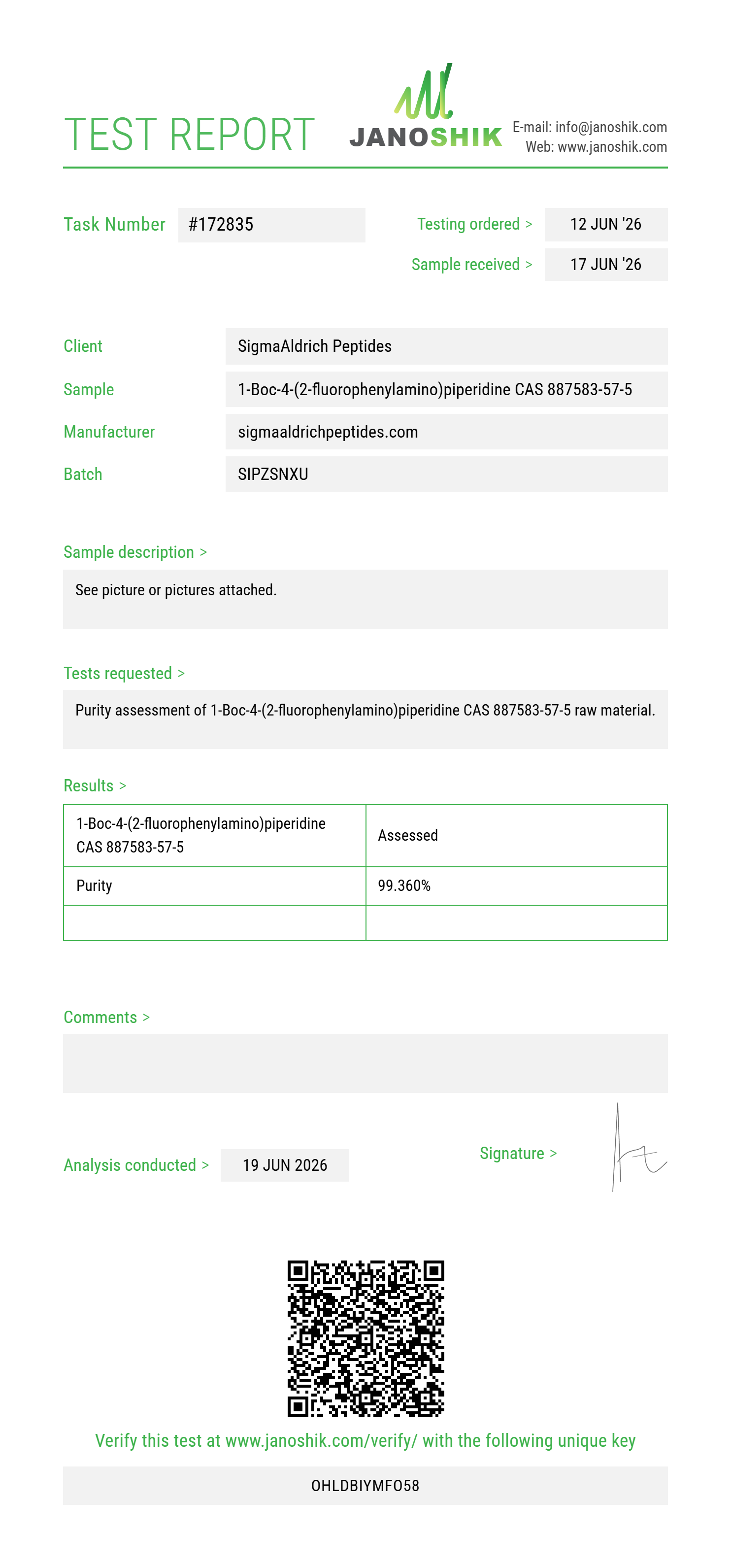 1-Boc-4-(2-fluorophenylamino)piperidine CAS 887583-57-5 Purity (HPLC) report by Janoshik Analytical