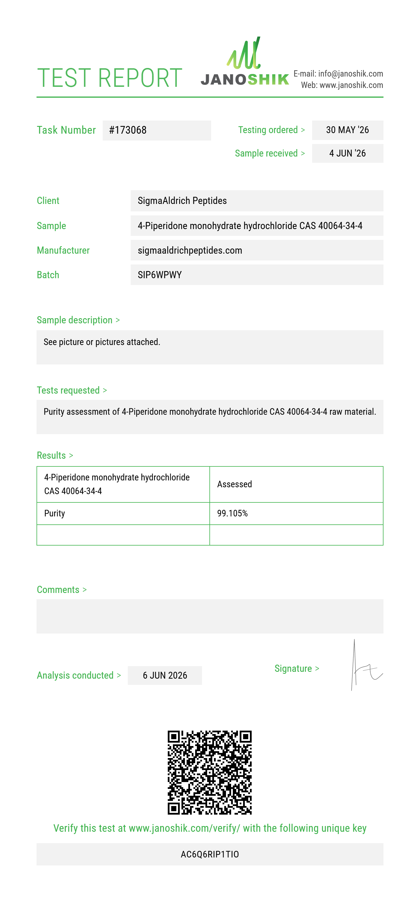 4-Piperidone monohydrate hydrochloride CAS 40064-34-4 Purity (HPLC) report by Janoshik Analytical