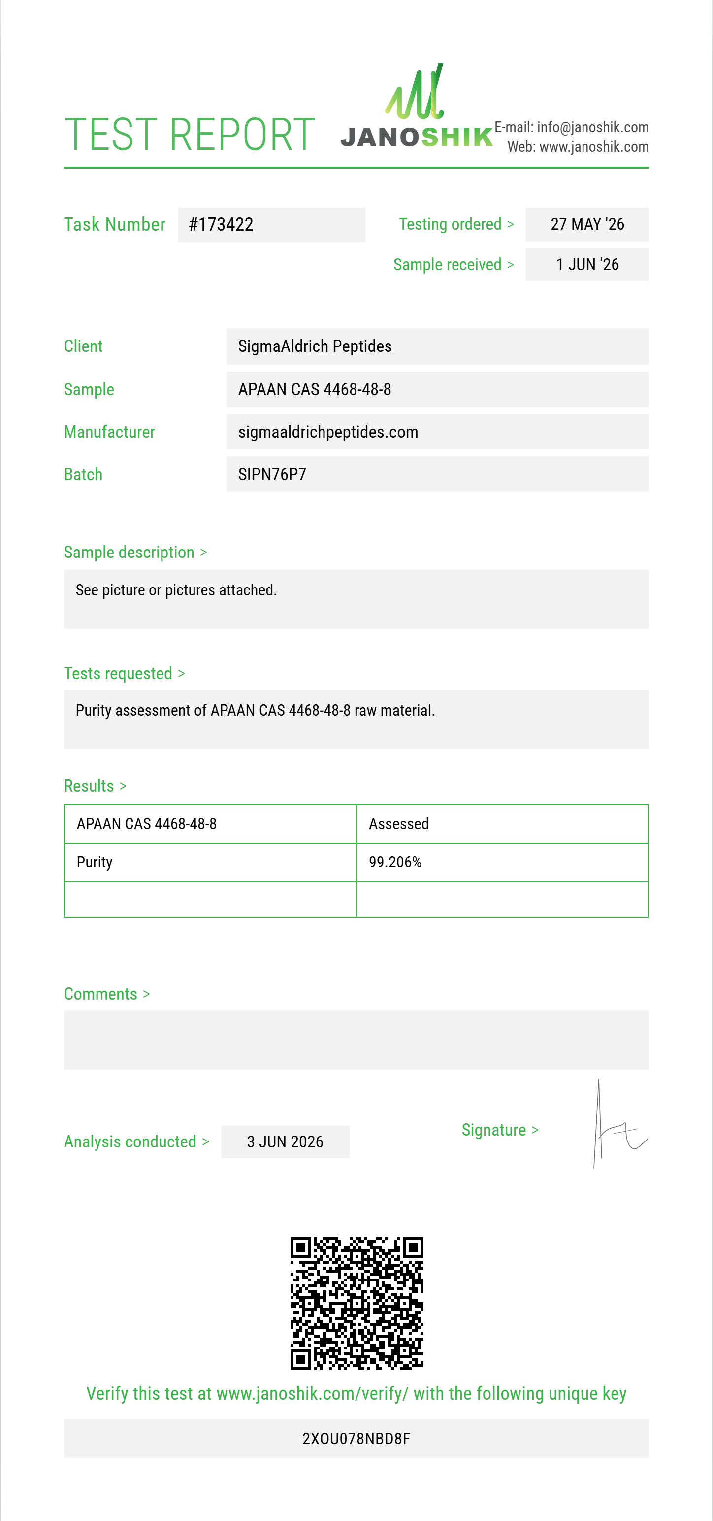 APAAN (alpha-phenylacetoacetonitrile) CAS 4468-48-8 Purity (HPLC) report by Janoshik Analytical