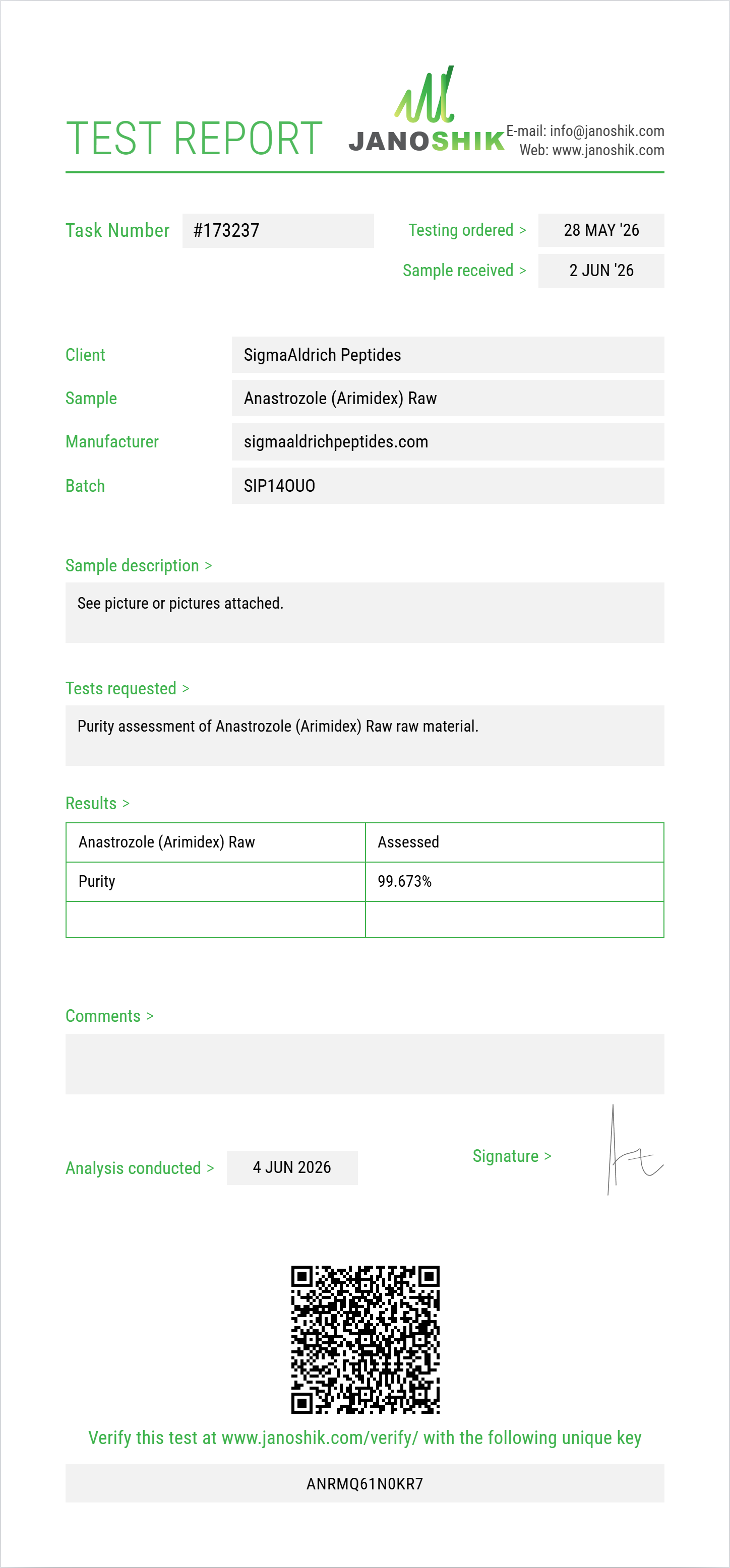 Anastrozole (Arimidex) Raw Purity (HPLC) report by Janoshik Analytical