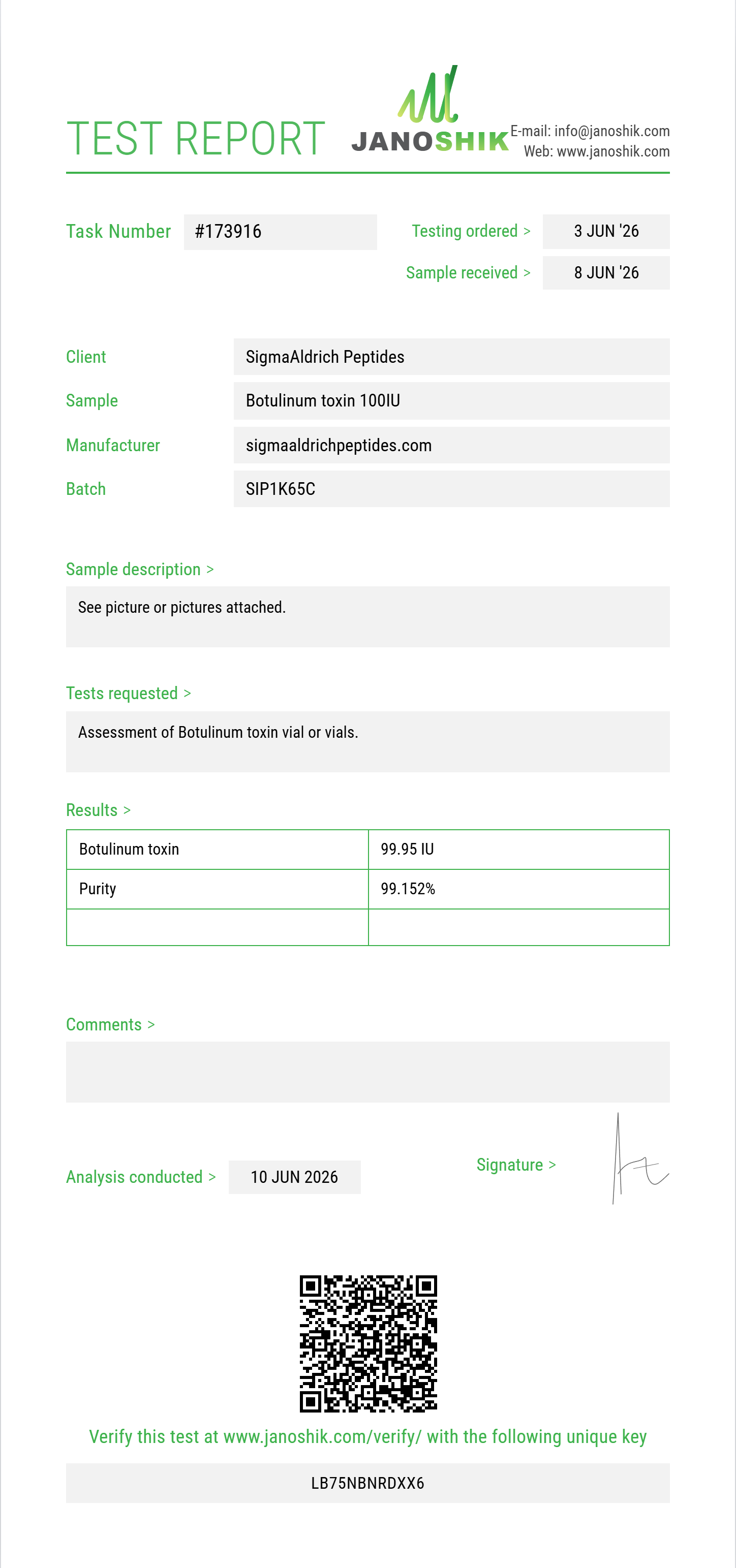 Botulinum toxin Purity (HPLC) report by Janoshik Analytical