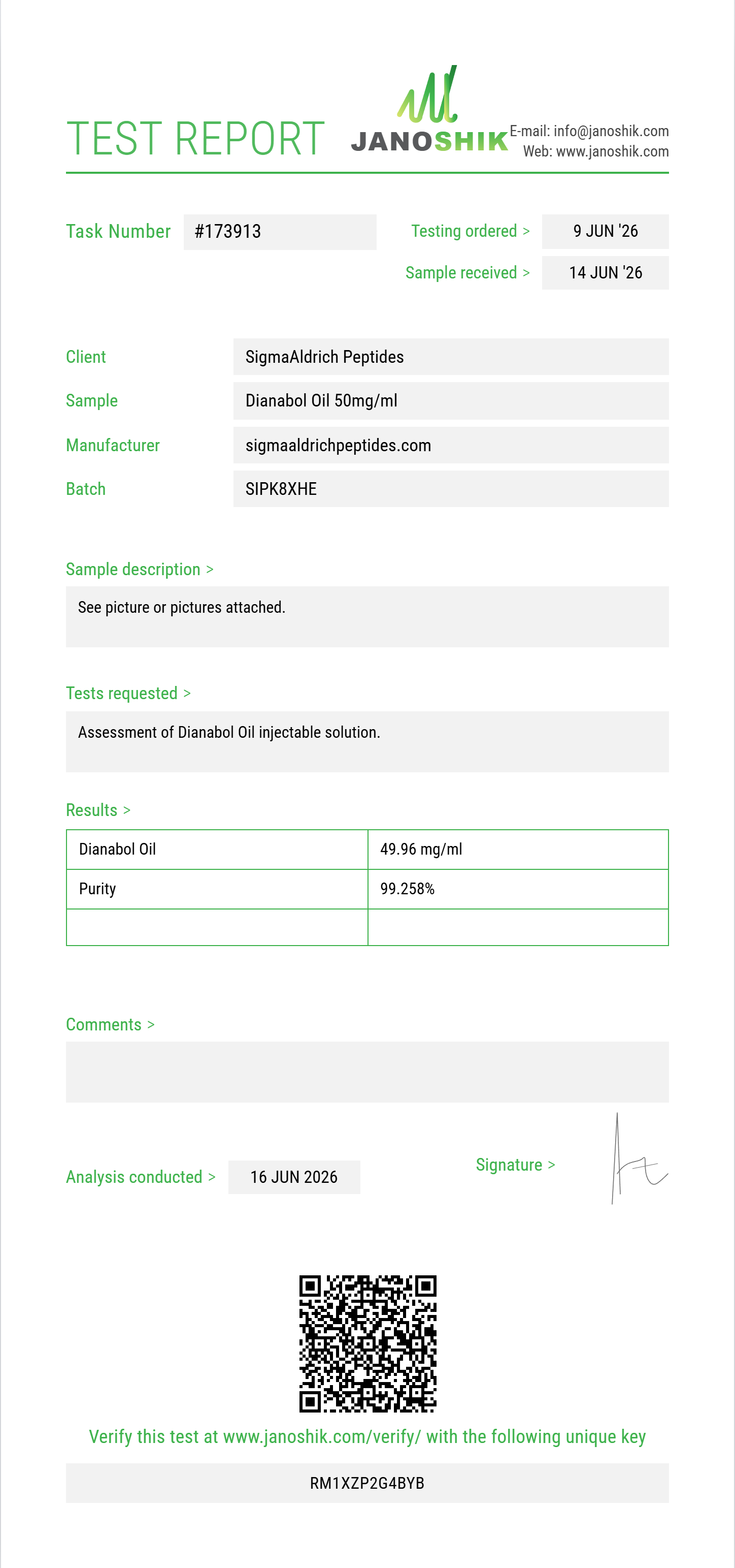 Dianabol Oil Purity (HPLC) report by Janoshik Analytical