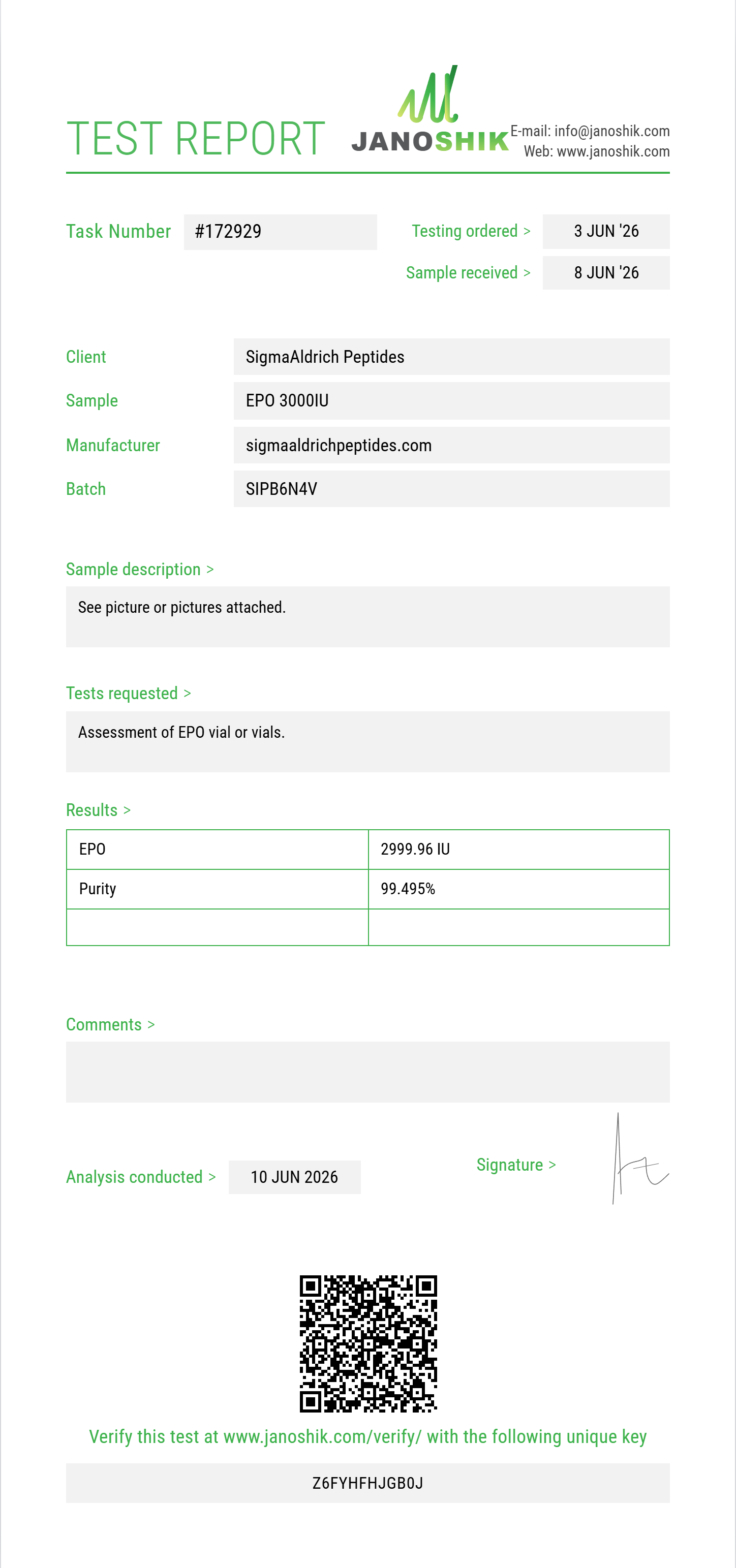EPO Purity (HPLC) report by Janoshik Analytical