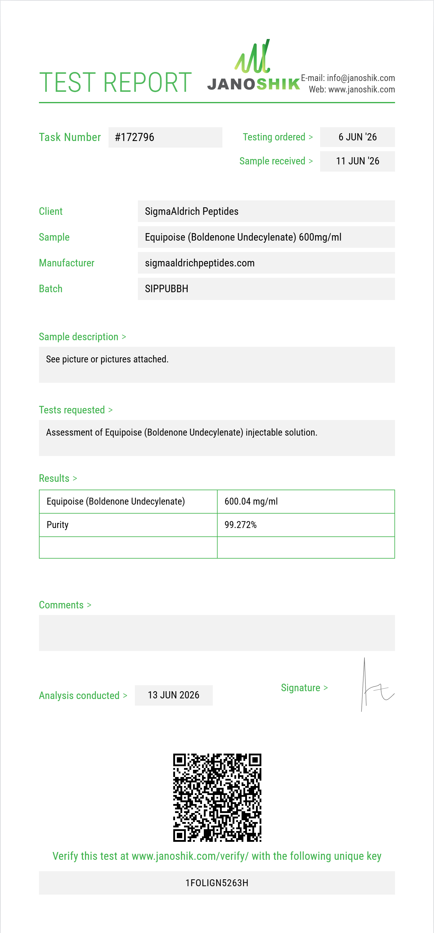 Equipoise (Boldenone Undecylenate) Purity (HPLC) report by Janoshik Analytical