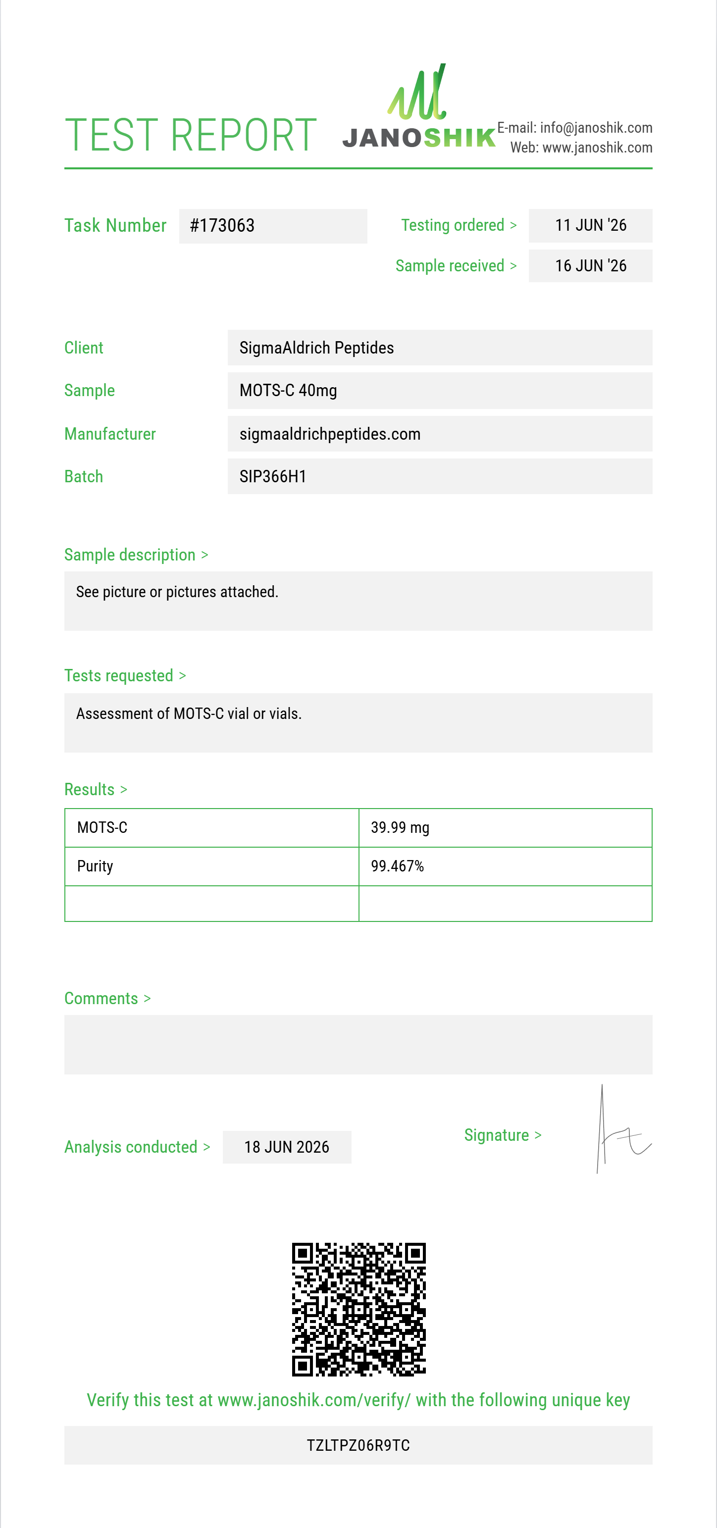 MOTS-C Purity (HPLC) report by Janoshik Analytical