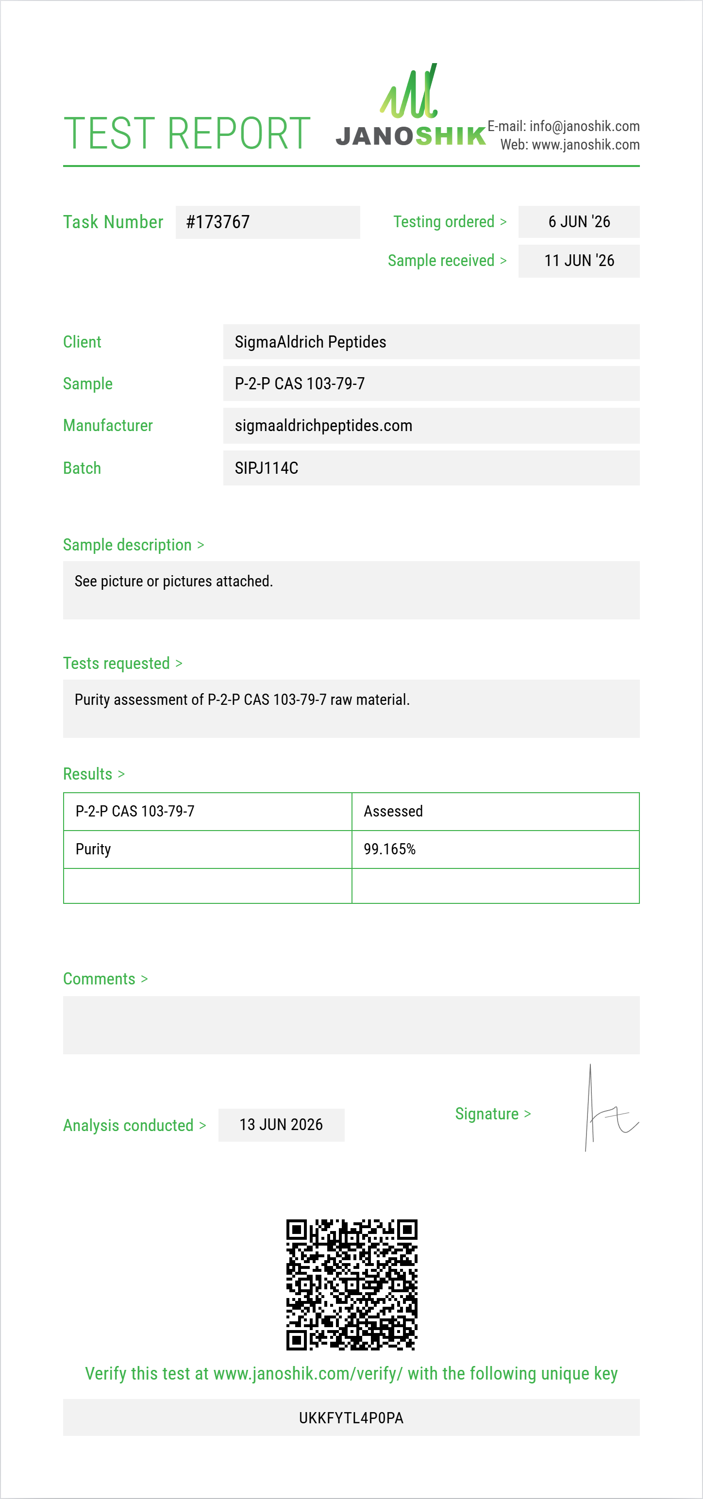 P-2-P (phenyl-2-propanone / BMK) CAS 103-79-7 Purity (HPLC) report by Janoshik Analytical