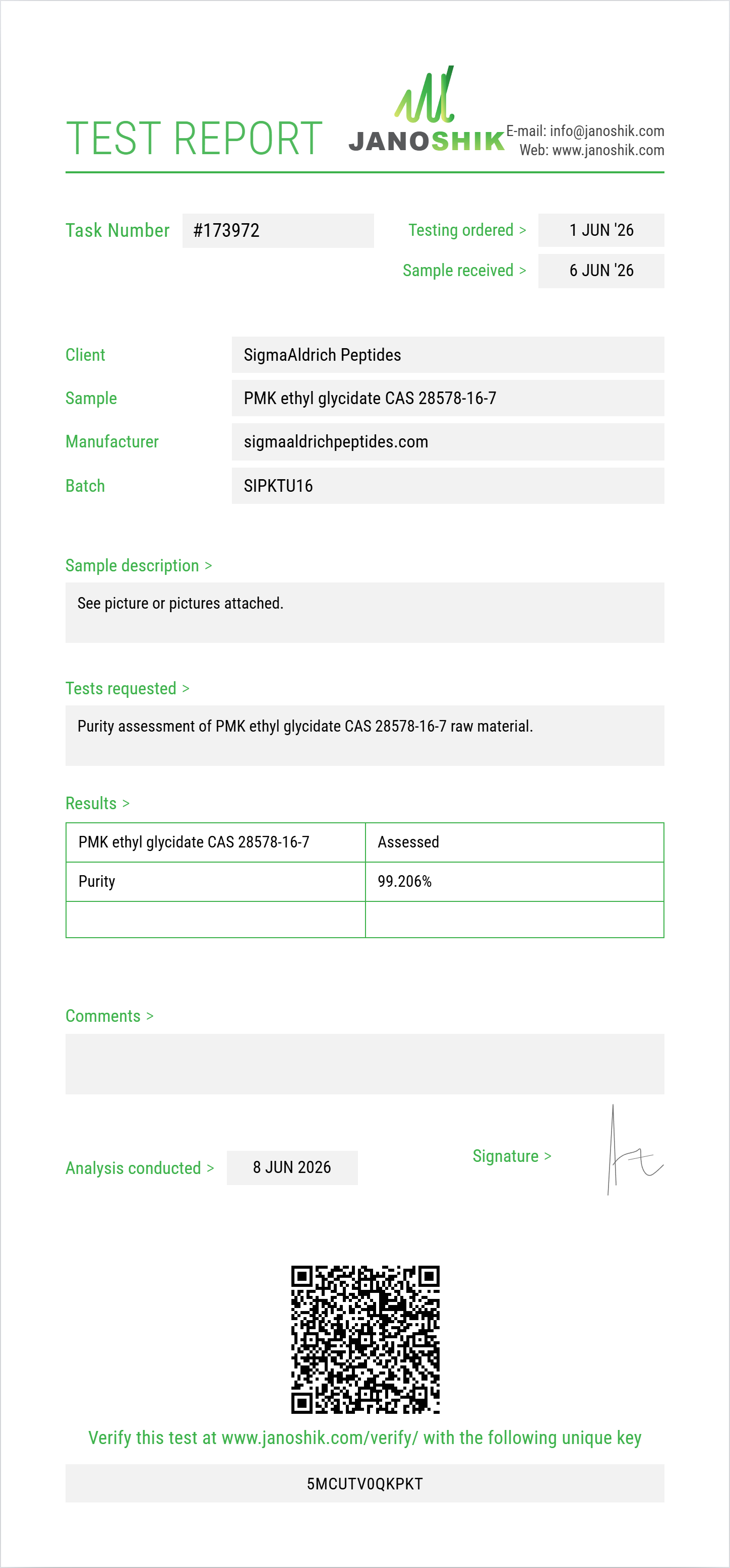 PMK ethyl glycidate (3,4-MDP-2-P ethyl glycidate) CAS 28578-16-7 Purity (HPLC) report by Janoshik Analytical