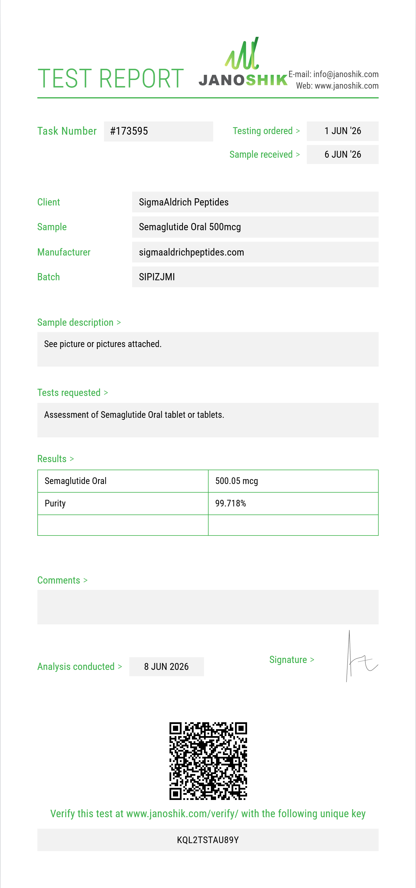 Semaglutide Oral Purity (HPLC) report by Janoshik Analytical