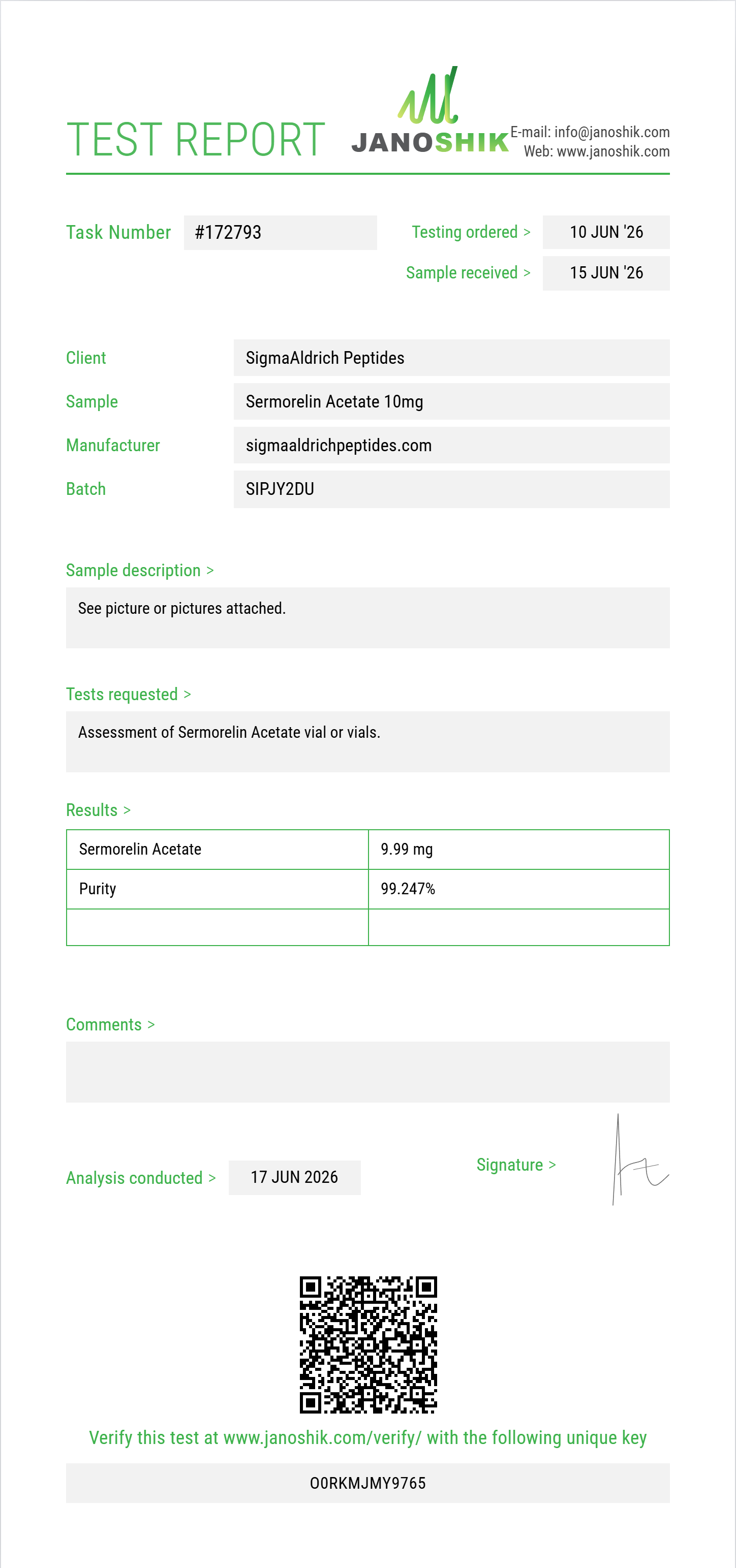Sermorelin Acetate Purity (HPLC) report by Janoshik Analytical