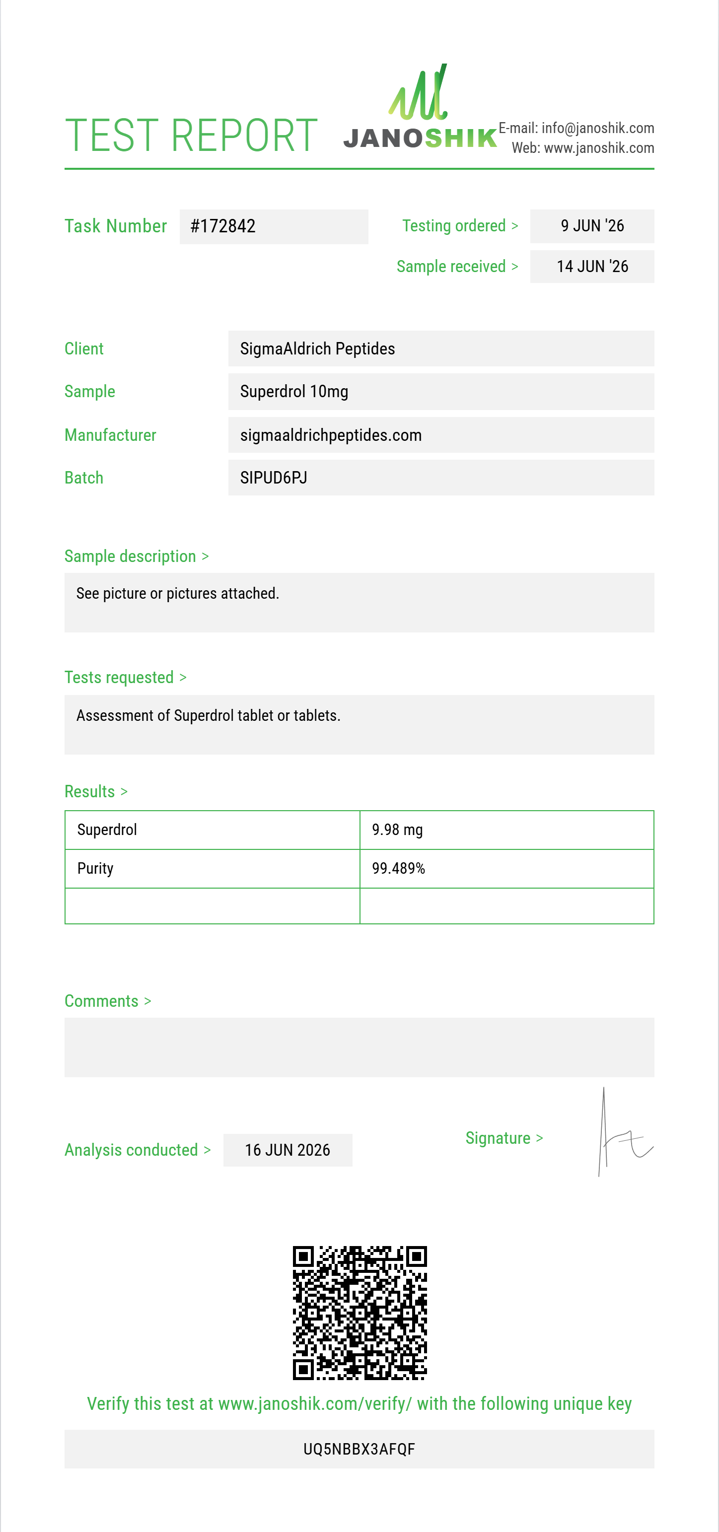 Superdrol Purity (HPLC) report by Janoshik Analytical