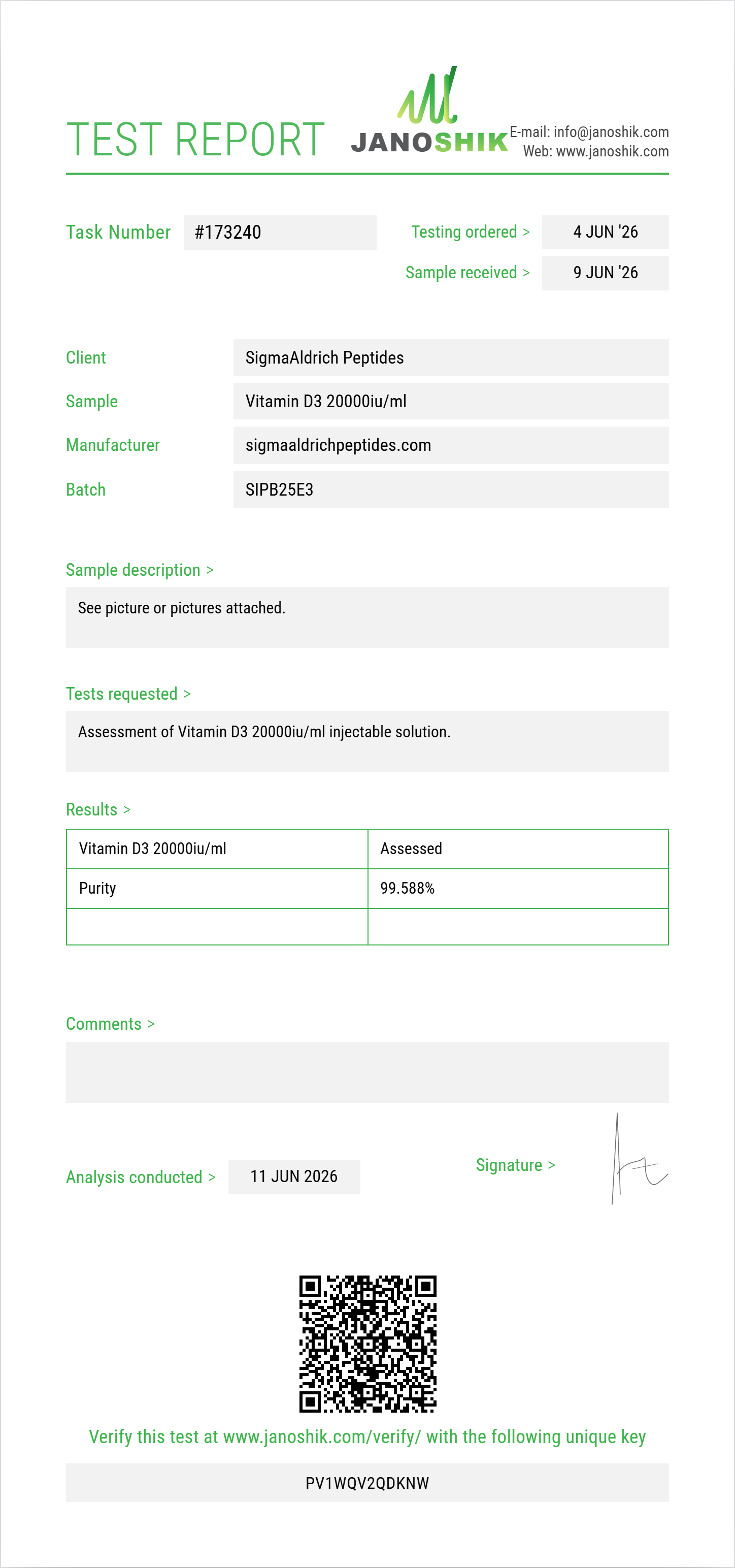 Vitamin D3 20000iu/ml Purity (HPLC) report by Janoshik Analytical