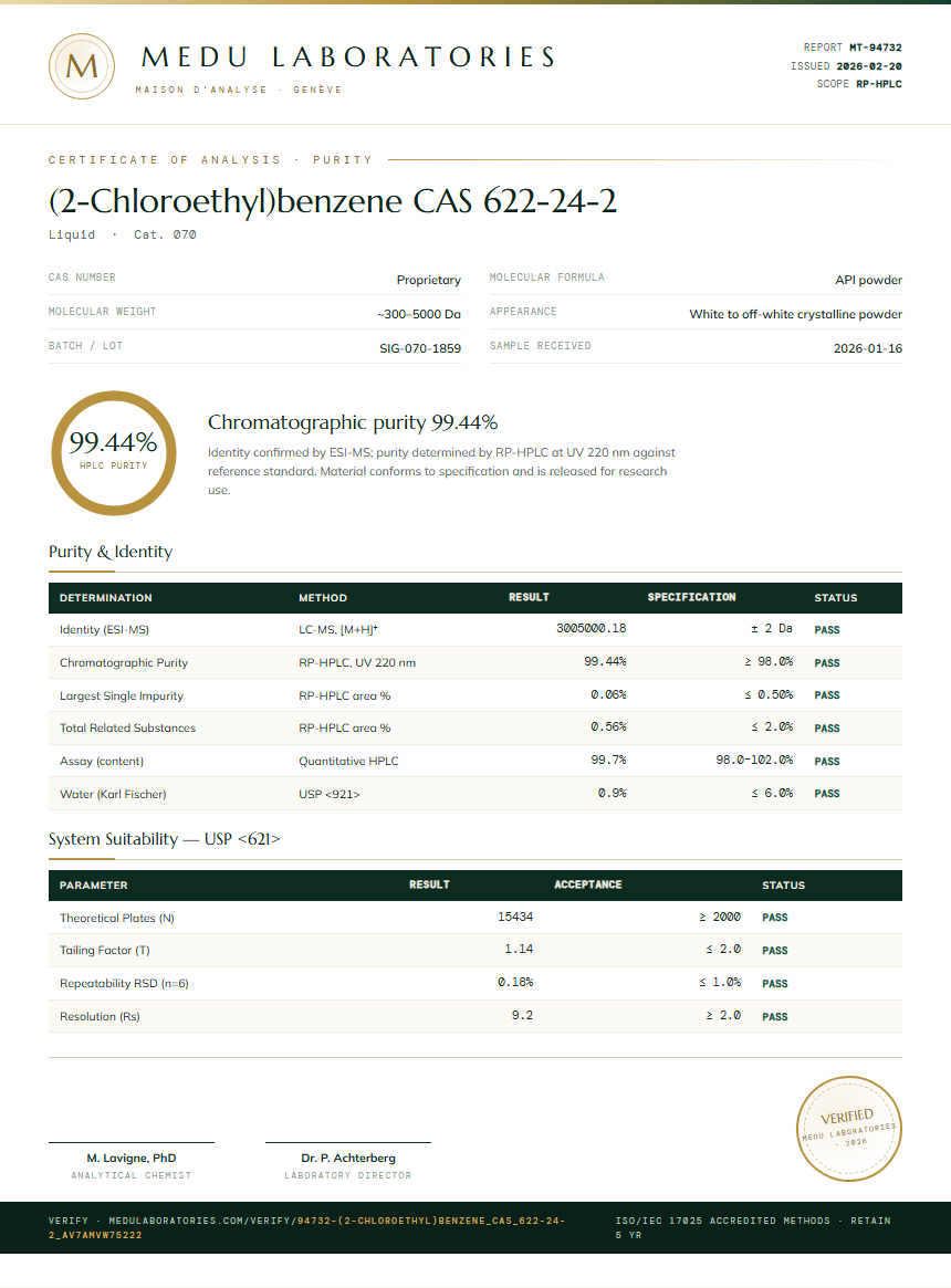 (2-Chloroethyl)benzene CAS 622-24-2 Purity Test Report by Medu Laboratories