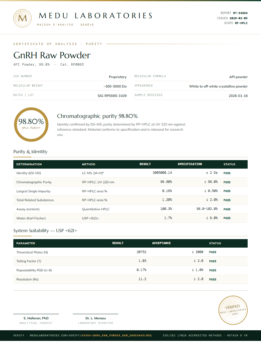 GnRH Raw Powder Purity (HPLC) report by Medu Laboratories