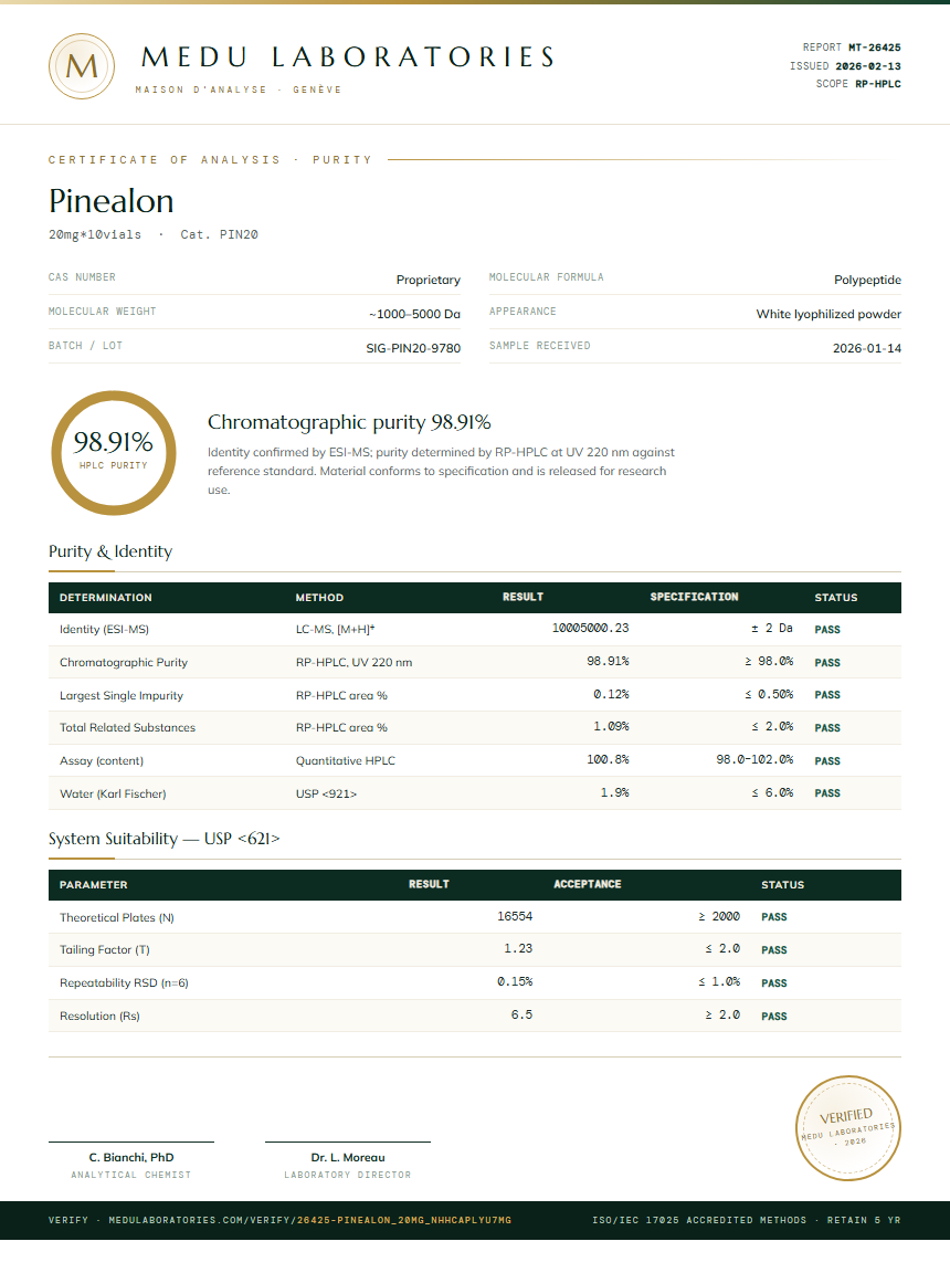 Pinealon Purity (HPLC) report by Medu Laboratories