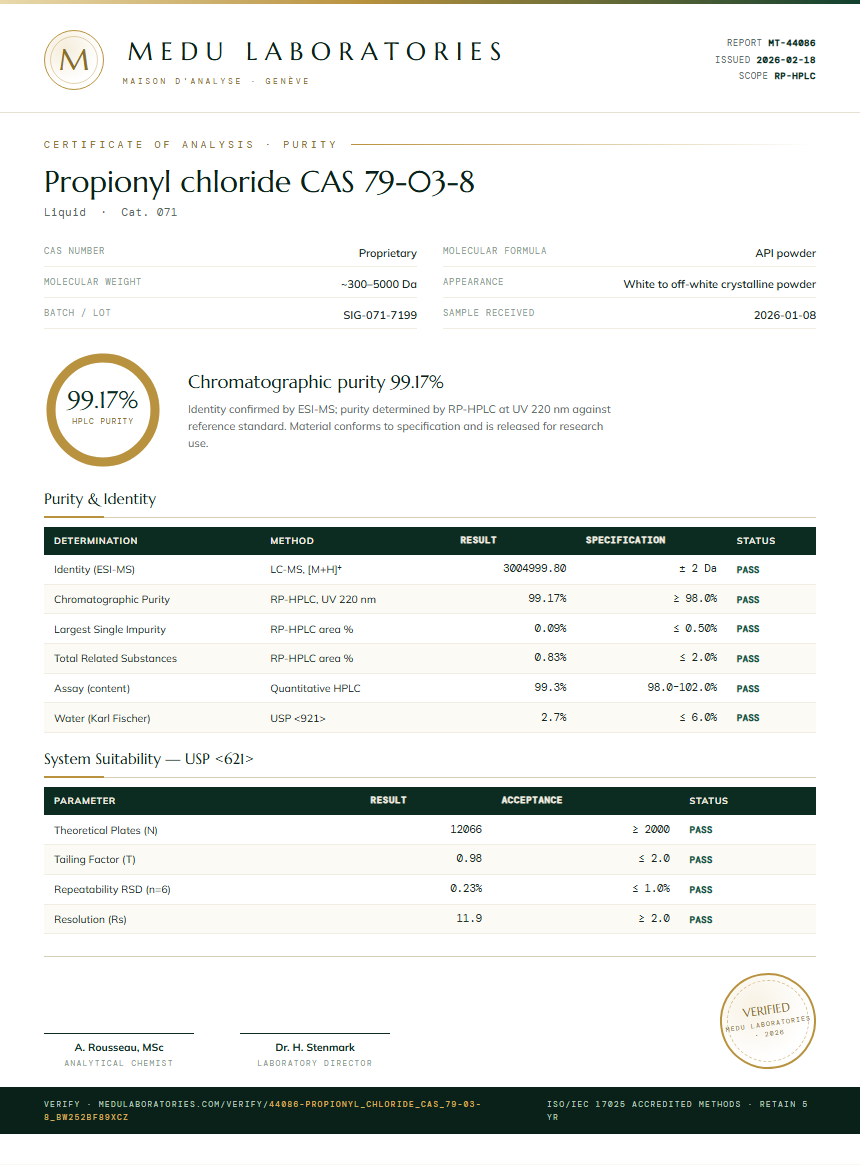 Propionyl chloride CAS 79-03-8 Purity (HPLC) report by Medu Laboratories
