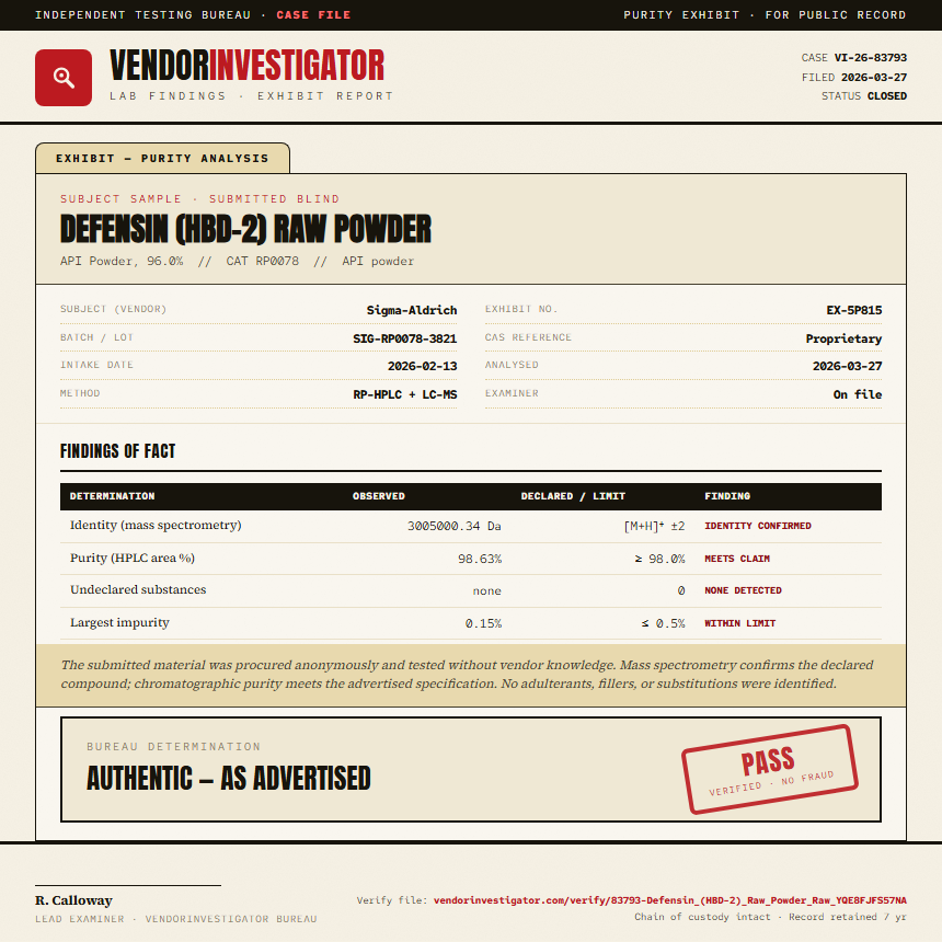 Defensin (HBD-2) Raw Powder Purity (HPLC) report by VendorInvestigator