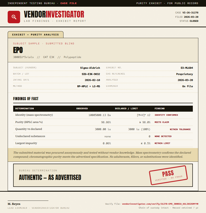 EPO Purity (HPLC) report by VendorInvestigator