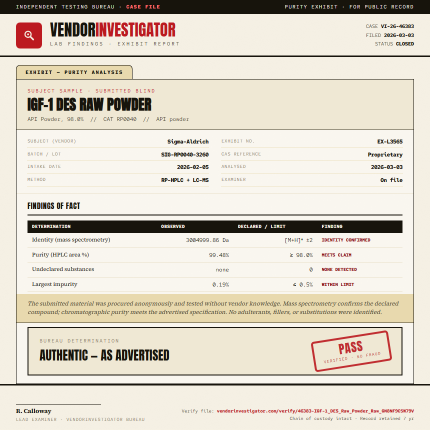 IGF-1 DES Raw Powder Purity (HPLC) report by VendorInvestigator