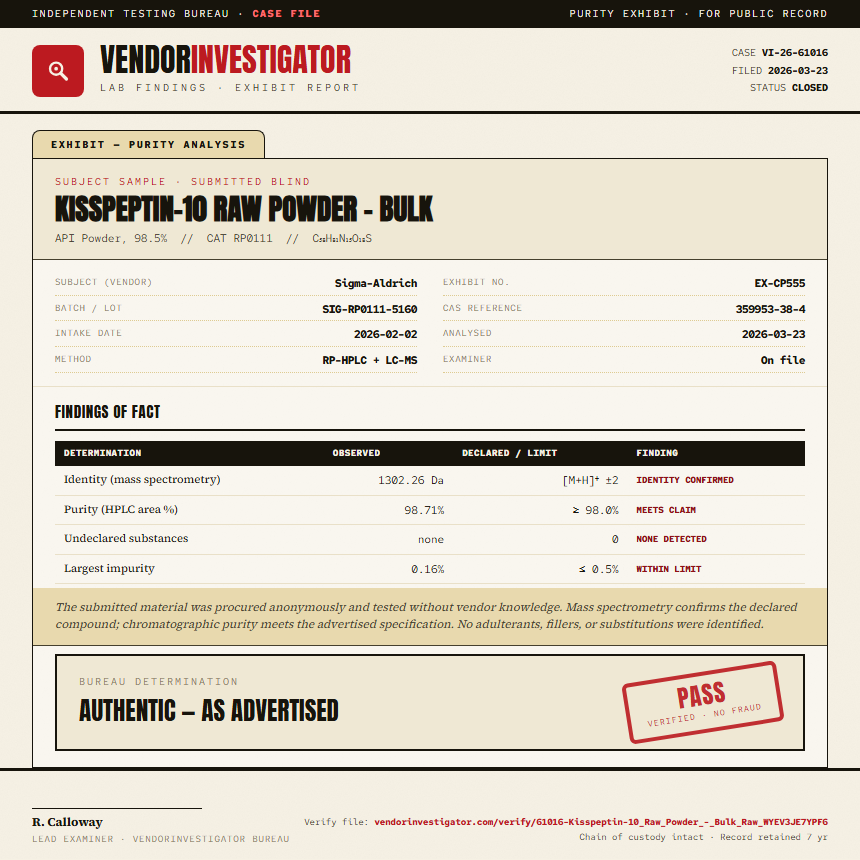 Kisspeptin-10 Raw Powder - Bulk Purity (HPLC) report by VendorInvestigator