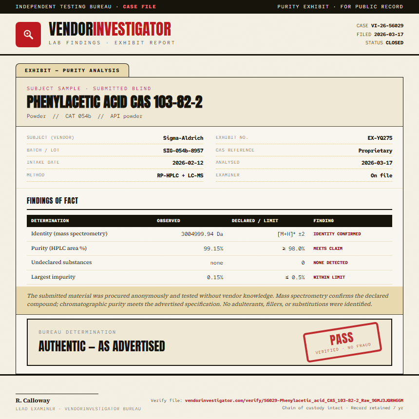 Phenylacetic acid CAS 103-82-2 Purity (HPLC) report by VendorInvestigator