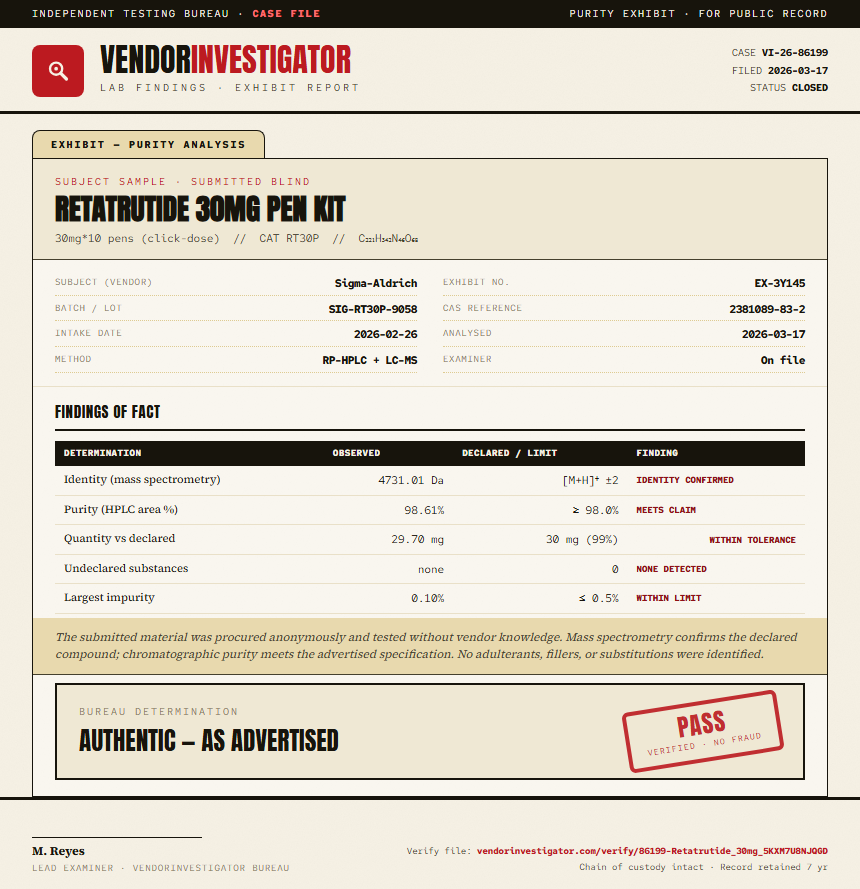 Retatrutide Purity (HPLC) report by VendorInvestigator