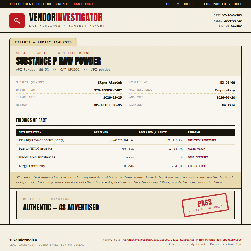 Substance P Raw Powder Purity (HPLC) report by VendorInvestigator