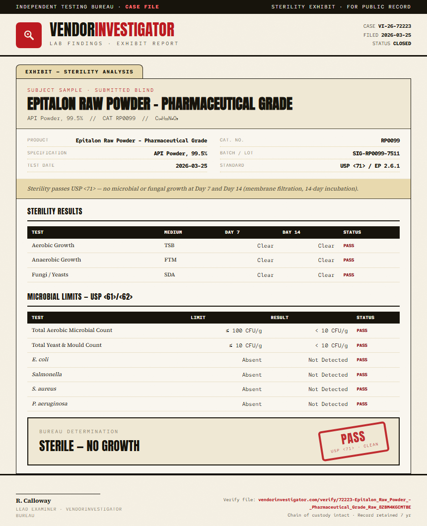Epitalon Raw Powder - Pharmaceutical Grade Sterility report by VendorInvestigator