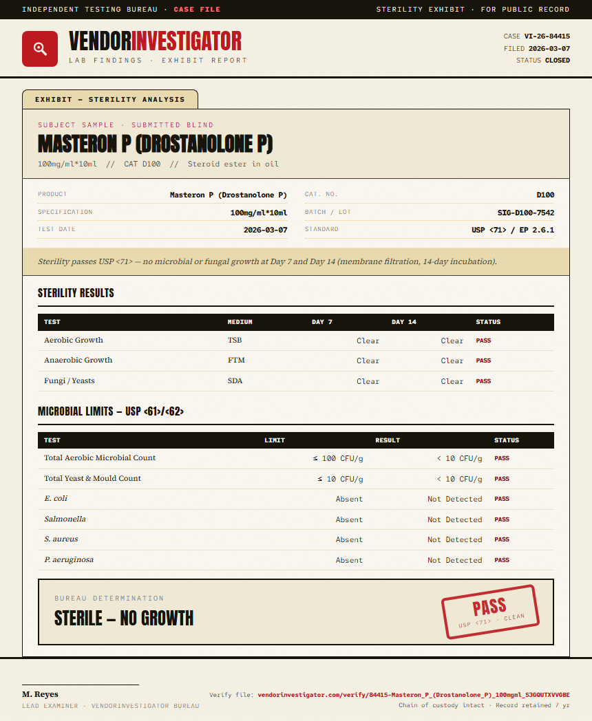 Masteron P (Drostanolone P) Sterility report by VendorInvestigator
