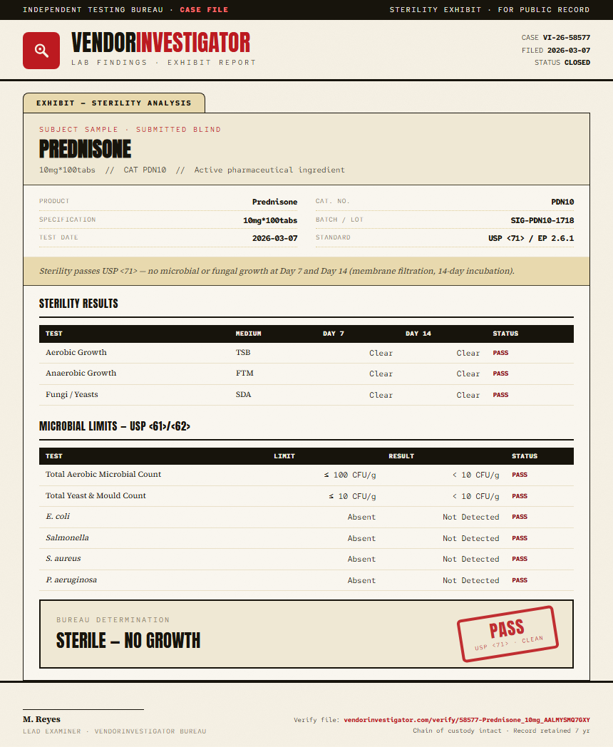 Prednisone Sterility report by VendorInvestigator