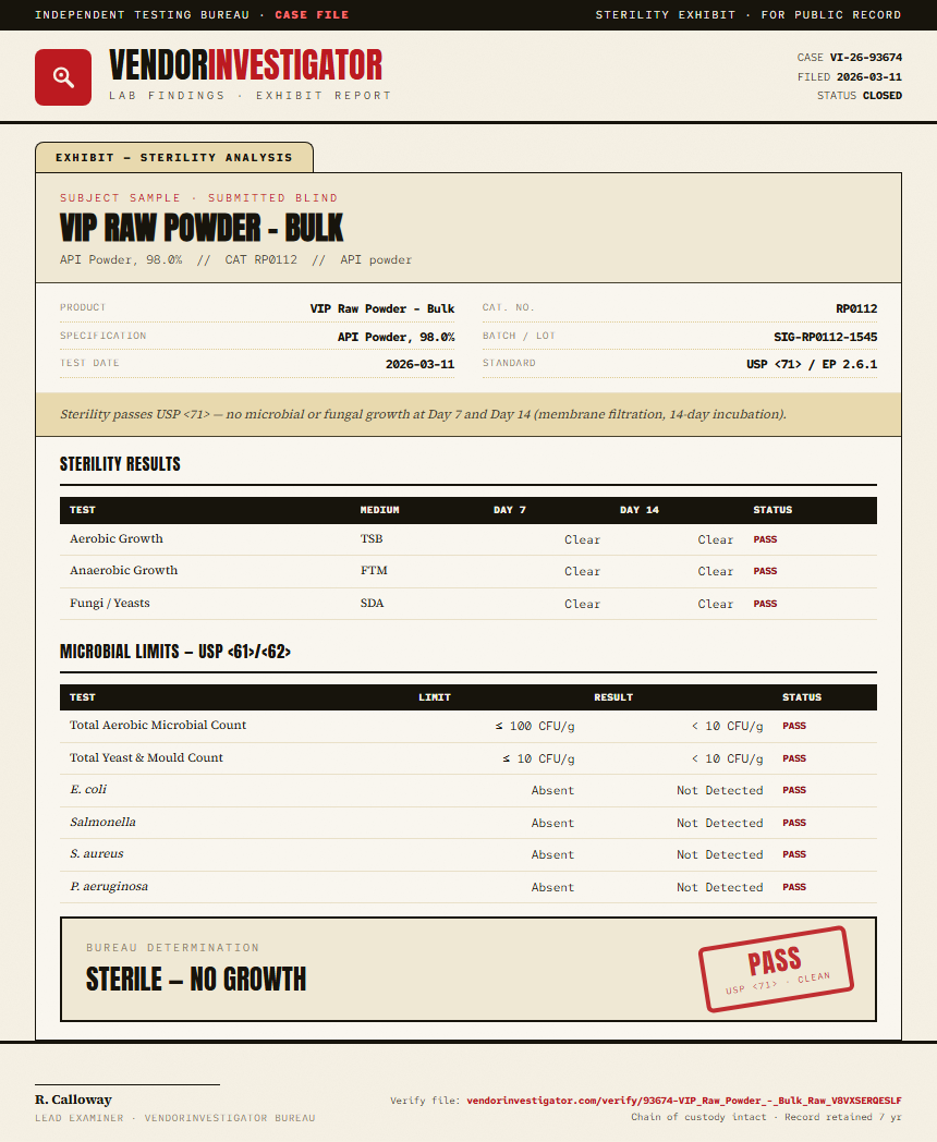 VIP Raw Powder - Bulk Sterility report by VendorInvestigator